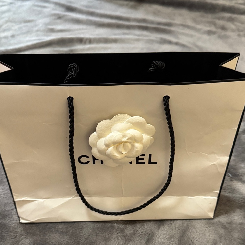 CHANEL Cream and Black Camellia Shopping Bag